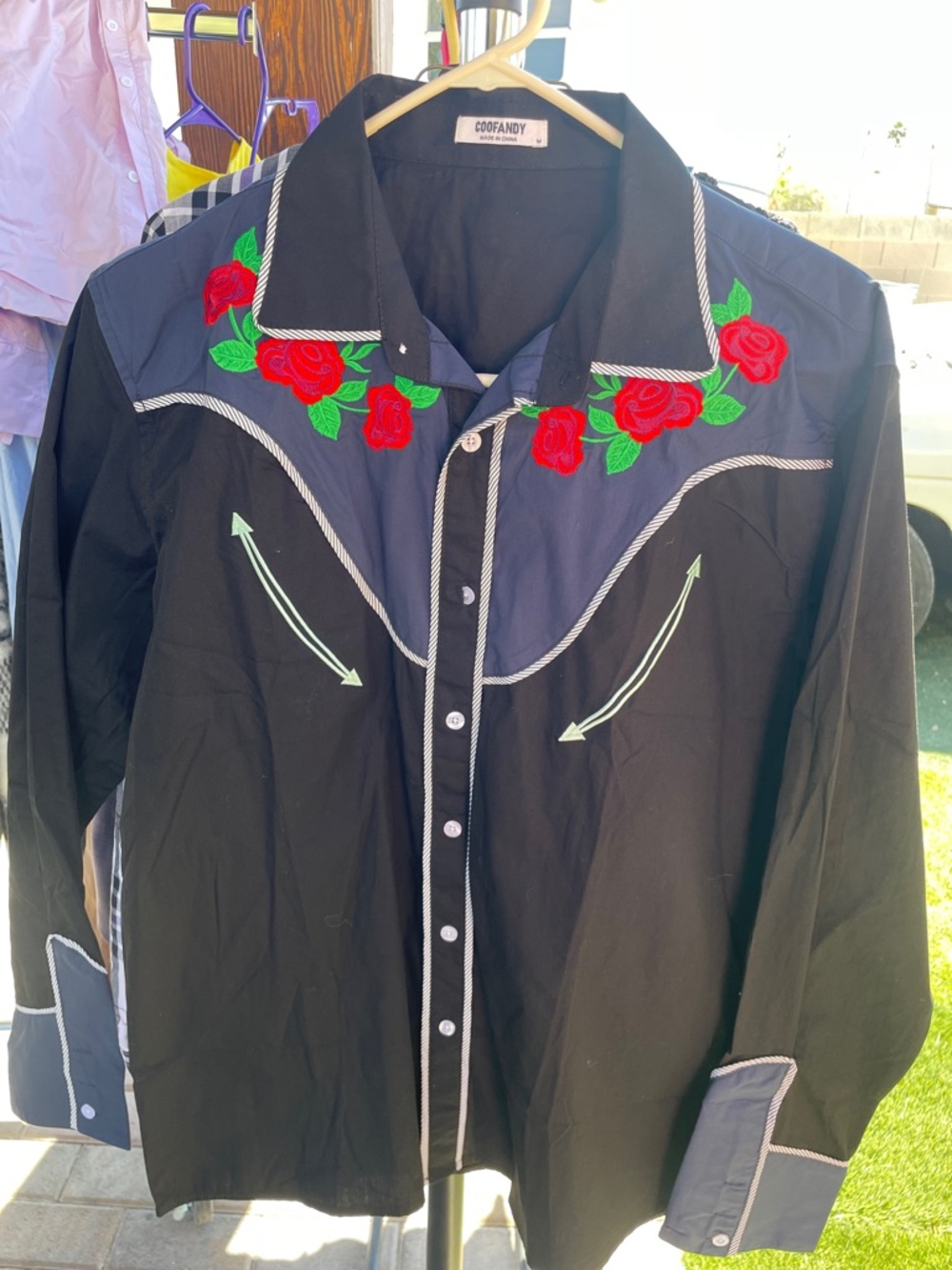 Men’s Black Western Shirt with Red Rose Embroidery